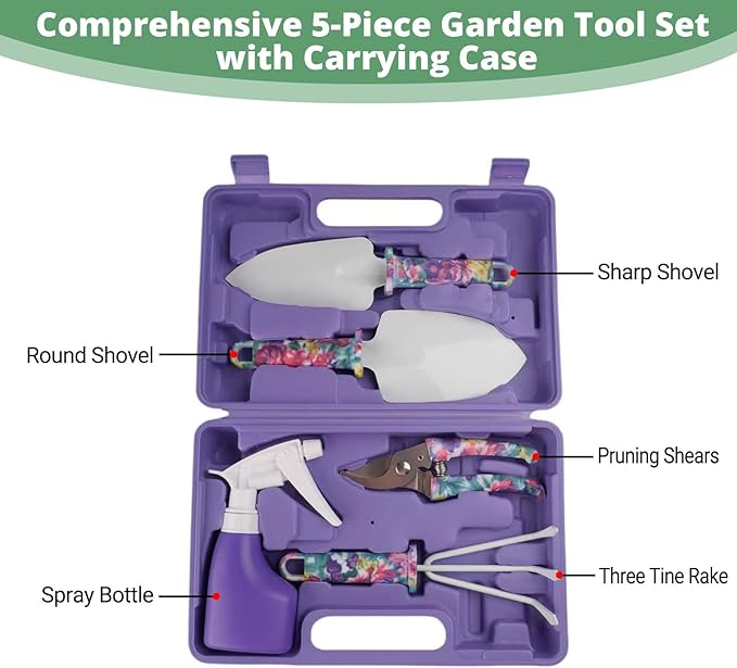 5 Pieces Garden Tools Set with Floral Print, Essential Gardening Kit Includes Trowels, Rake, Pruner, Spray Bottle & Carrying Case, Lightweight Hand Tools Gift for Women & Beginner Gardeners