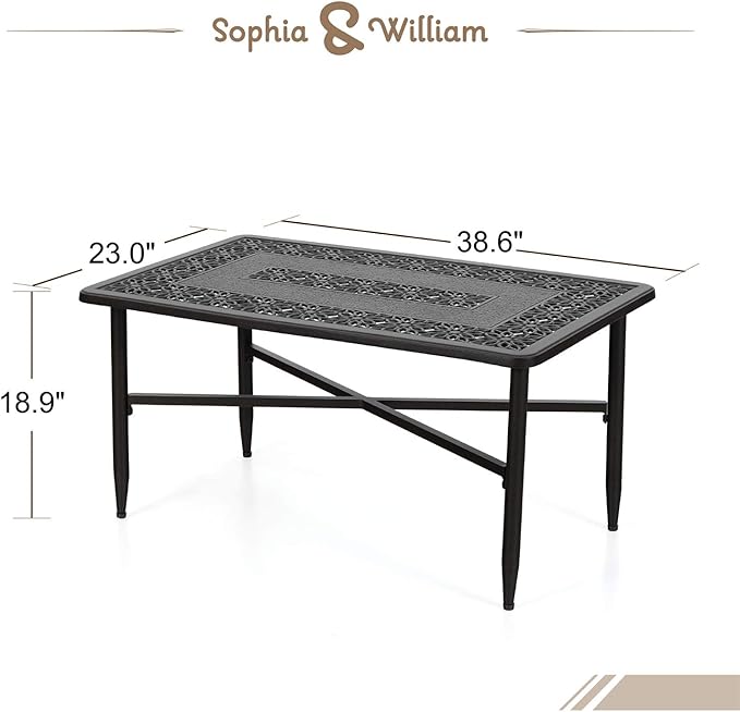 Sophia & William Patio Coffee Table Rectangle, Modern Outdoor Cast Aluminum Coffee Table 38.6" L x 23.0" W x 18.9" H, Brown
