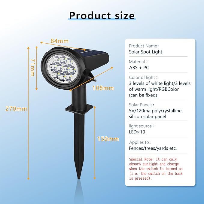 Solar Spot Lights Outdoor，Solar Lights Outdoor Waterproof IP68，Dark Sensing Auto On/Off，Suitable for Garden, Corridor Landscape Lighting and Flag Lighting. (Multicoloured, 6-Pack)