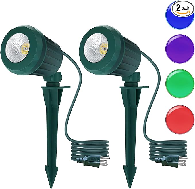 Spotlight Outdoor – 120V Plug-In, 6500K Cool White LED Landscape Lighting with RGB Purple 4 Color Lenses for Yard, Garden, Lawn & Tree Decor on Holidays&Everyday, IP67 Waterproof (2 Pack,Green)