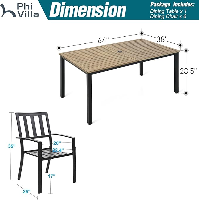 PHI VILLA 7 Pieces Outdoor Dining Set for 6, 65” Brown Wood-Like Metal Steel Dining Table & Stackable Black Iron Chairs, Large Outside Furniture Set for Patio, Deck, Yard, Porch