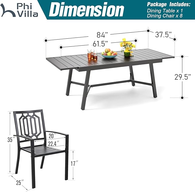 PHI VILLA 9 Pieces Outdoor Dining Set for 8, 84" Long Expandable Metal Steel Table & Stacking Wrought Iron Chairs, Modern Furniture Set for Patio, Deck, Yard, Porch - Black