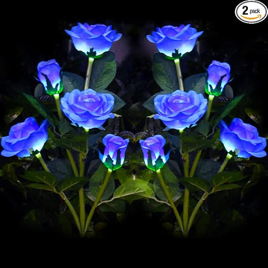 Outdoor Realistic Solar Powered Rose Flower Lights Stake,2 Pack 10 Rose Solar Garden Decorative Waterproof Lights for Backyard Patio Pathway Xmas Decoration-Blue