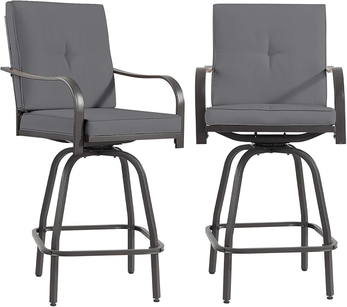 Outdoor Swivel Bar Stools Set of 2,Bar Height Patio Chairs with Cushions and High Backrest, All Weather Patio Bar Stools Furniture for Bistro Lawn, Pool, Garden and Backyard,Gray