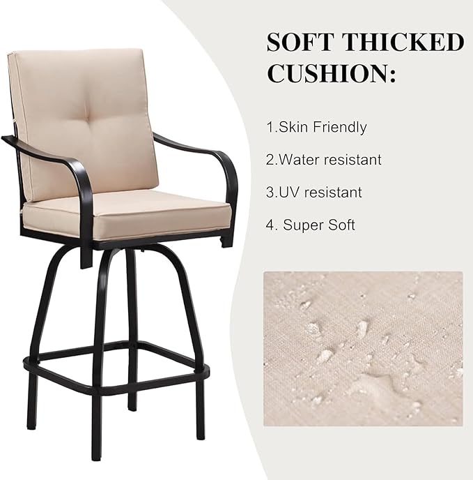 Patio Swivel Bar Stools, Outdoor Bar Height Swivel Chairs Set of 2 with Cushion & All Weather Steel Frame for Backyard, Lawn, Poolside and Balcony, Beige