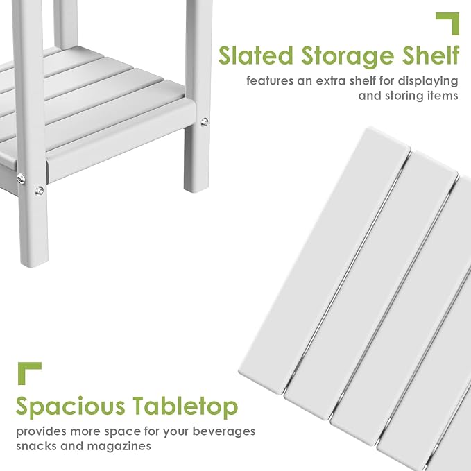 GREENVINES Adirondack-Outdoor-Side-Table | Set of 4 | 14 x 13 Inches | HDPE Plastic | All Weather | White | Outside End Tables | Storage Shelf | for Patio Porch Backyard Indoor