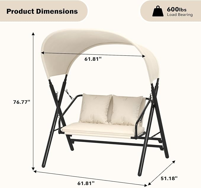 AECOJOY 2 Seat Outdoor Patio Swing Chair with Cover, Porch Swings Chairs for Adult, Outside Metal Steel Frame Patio Swing Bench, Beige