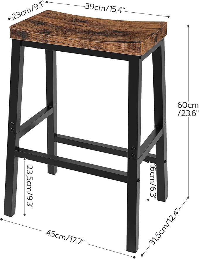 HOOBRO Bar Stools, Set of 2 Bar Chairs, 23.6 Inch Saddle Stools, Kitchen Counter Seat with Footrests, Industrial Barstools for Dining Room, Kitchen, Counter, Rustic Brown and Black BF02MD01