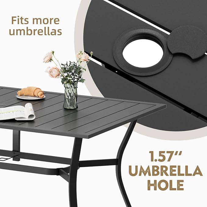 MELLCOM 7 Pieces Outdoor Dining Set, 6 Swivel Rocker Chairs with High Back Textilene & Rectangular Metal Dining Table with Umbrella Hole, Patio Furniture Set for Porch, Deck, Grey