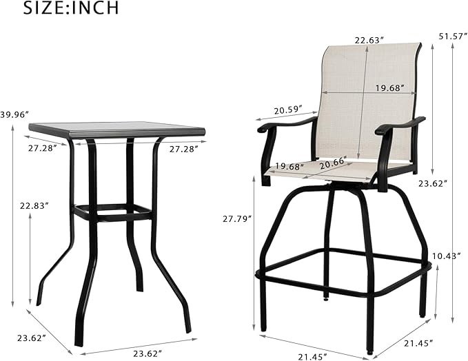 LEVELEVE Patio Bar Set 5pcs Swivel Bar Stools Outdoor Bistro Textilene Furniture Stability All-Weather Set with Height Table (5, Beige Fabric)