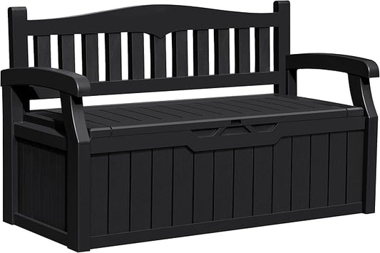 Greesum 80 Gallon Outdoor Storage Bench, Resin Patio Furniture with Armrest,Waterproof and UV-Resistant, Perfect to Garden, Poolside and Lawn, Black