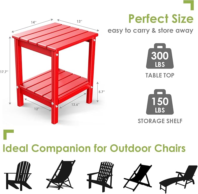 GREENVINES Adirondack-Outdoor-Side-Table | 14 x 13 Inches | HDPE Plastic | All Weather | Red | Outside End Tables | Storage Shelf | for Patio Porch Backyard Indoor