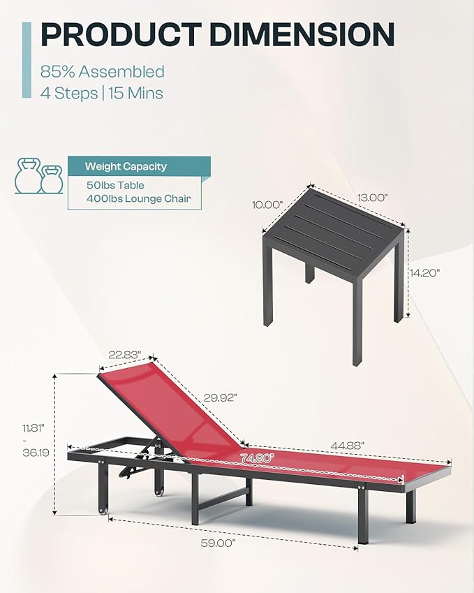 Lounge Chair Outdoor with Wheels, Aluminum Patio Chaise Lounge Chair with 5 Adjustable Backrest - Easy to Move- Pool Lounge Chairs for Deck, Beach, Poolside (Red)