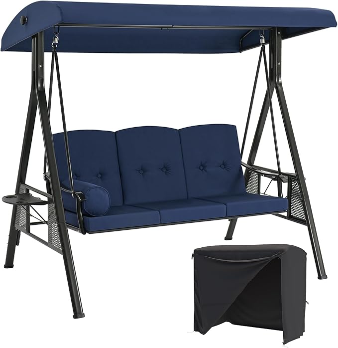 AECOJOY Outdoor Porch Swing with Cover, 3-Seat Patio Swings with Adjustable Canopy, Outside Swing for Adult with Dark Blue Removable Cushions for Backyard, Garden, Yard, Poolside, Balcony