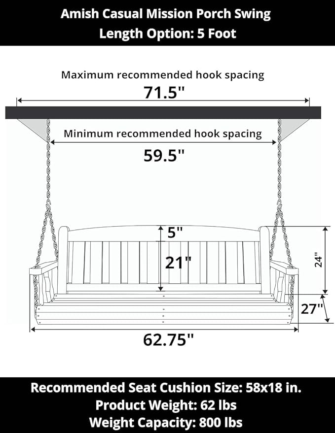 Amish Heavy Duty 800 Lb Mission Treated Porch Swing with Hanging Chains (5 Foot, Semi-Solid Grey Stain)