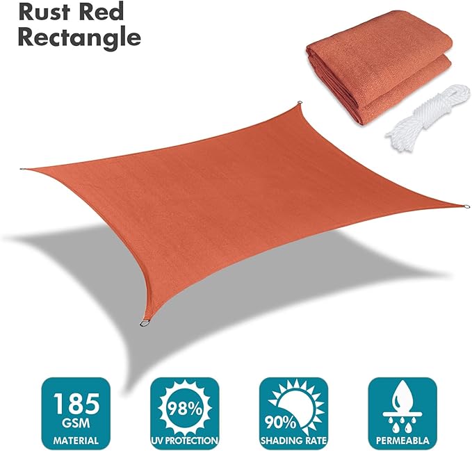 KANAGAWA 12'X20' Rust Red Custom Size Sun Shade Sail Rectangle UV Block Canopy Cover for Patio Backyard Lawn Garden Outdoor (Customized Available)