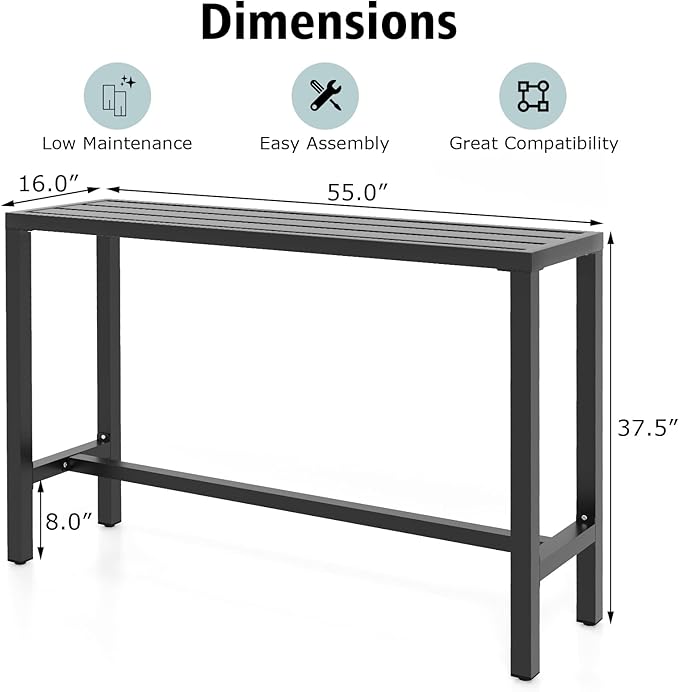 COSTWAY Outdoor Bar Table 55-inch Wide, Narrow Counter Height Dining Table with Waterproof Top and Heavy-Duty Metal Frame, Rectangular Pub Table for Garden Patio Backyard Poolside, Black