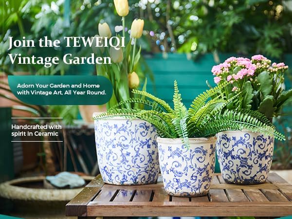 Vintage Ceramic Planter with Drainage Hole, Plastic Tray & Mesh, 6.5 Inch - Indoor/Outdoor Flower Pot, Blue Floral Rustic Farmhouse Design Plant pot for Home, Office & Garden Décor, Ideal Gift