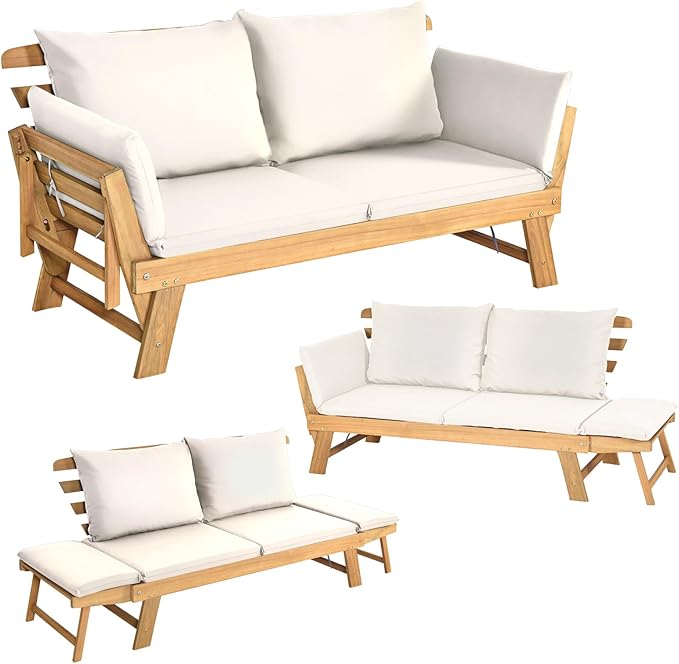 S AFSTAR Patio Convertible Couch Sofa Bed, Acacia Wood Chaise Lounger with Adjustable Armrest, Cushion & Pillows, Outdoor Daybed Loveseat Furniture for Backyard, Garden, Poolside, Porch