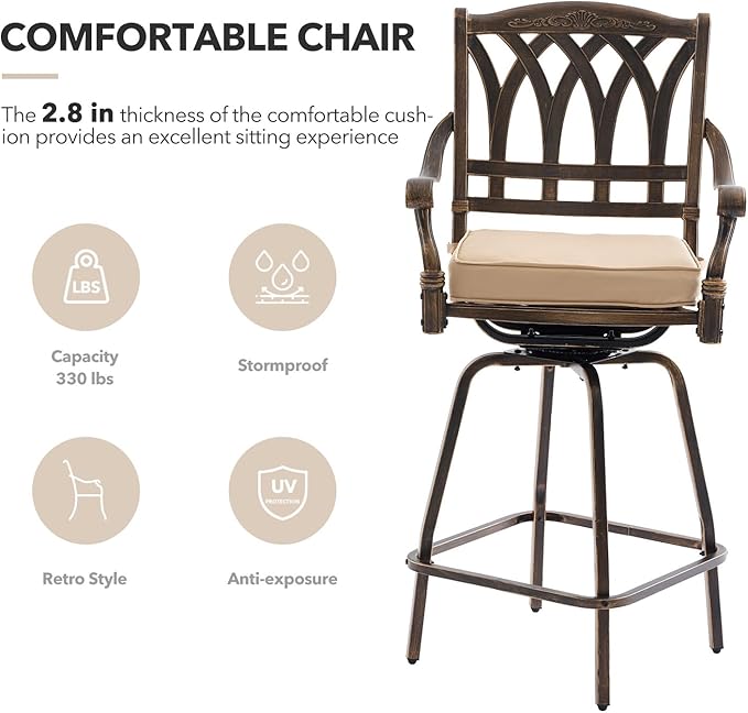 3 Piece Swivel Outdoor Table and Chairs Bar Set , All-Weather Cast Aluminum Outdoor High Top Patio Bar Set Bistro Set, High Swivel Stools with Cushions Umberlla Hole for Balcony, Poolside,Garden,Lawn