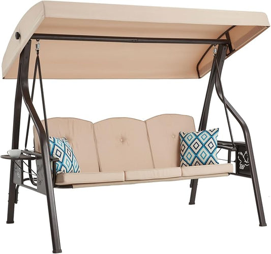 3-Seat Outdoor Porch Swing with Stand, Patio Swing with Canopy, 2 in 1 Porch Swing Bed & Patio Swing Chair for Adult, w/Extra Pillows and Cup Holder for Yard
