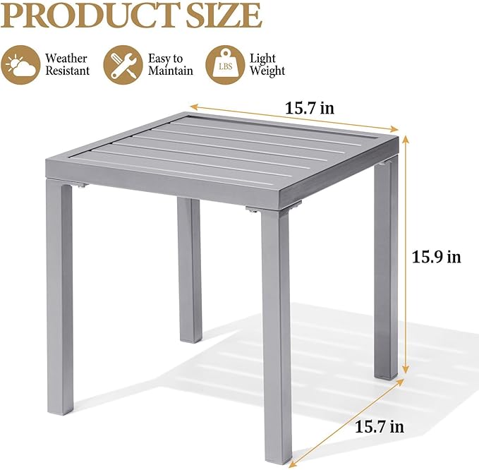 Crestlive Products Outdoor Side Table, Small Square Metal End Table Easy Assembly & Weather Resistant Pool Side Tables for Patio Balcony（Light Gray