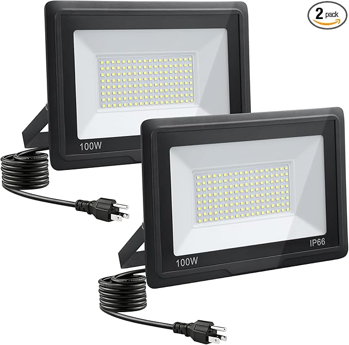 200W LED Flood Lights Outdoor, 2pack 20000lm Bright Led Work Light with Plug, 6500k Daylight White Outdoor LED Lights, IP66 Waterproof Patio Lighting
