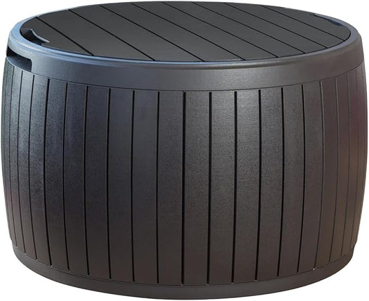 Keter Circa 37 Gallon Deck Box Organizer, Works as Ottoman Chair or Side Table, Brown – Large Resin Round Outdoor Storage and Seating for Garden, Pool, and Patio