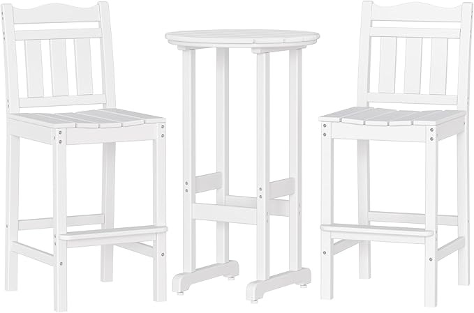nalone Outdoor Bar Chairs and Table Set, HDPE Balcony Adirondack Chairs and Table 3 Pieces Set, Outdoor Bar Stools Set for Garden, Yard, Backyard (White, Bar Chairs with Table)