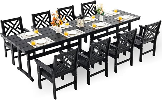 HDPE Dining Table Set for 8,10-Piece Outdoor Table and Chairs Include 8 Dining Chairs and 2 Pcs 62.5" Patio Dining Table with Umbrella Hole (Black)