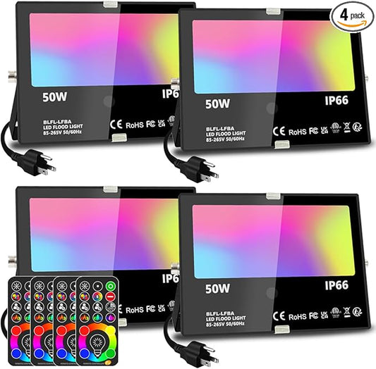 MELPO Led Flood Light 500W Equivalent, RGBW Led Outdoor Lights Colored Floodlight with Remote,50W,5000ML 2700K,120 Colors, Timing, Dimmable, Custom Modes, Landscape Lighting (4 Pack)