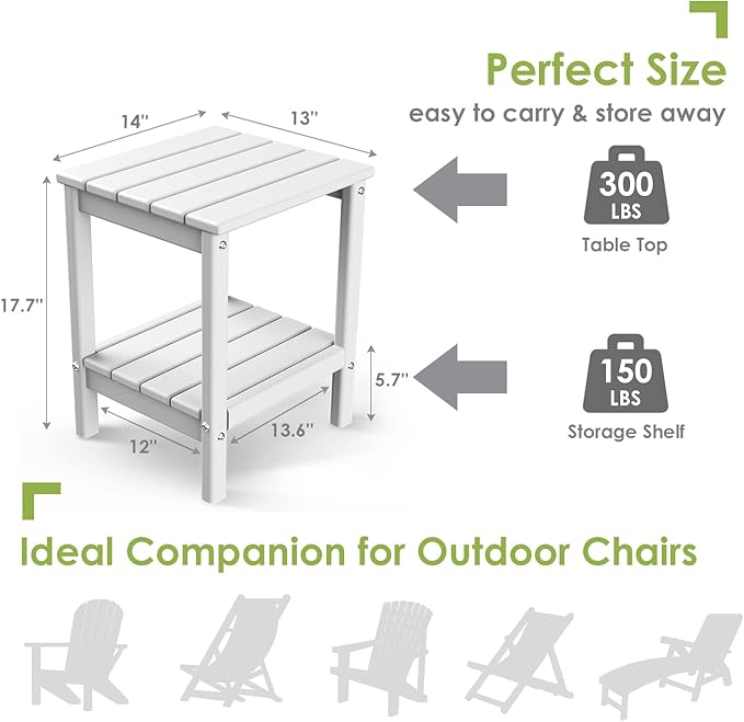 GREENVINES Adirondack-Outdoor-Side-Table | 14 x 13 Inches | HDPE Plastic | All Weather | White | Outside End Tables | Storage Shelf | for Patio Porch Backyard Indoor