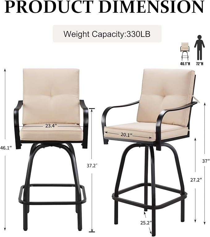 Patio Swivel Bar Stools, Outdoor Bar Height Swivel Chairs Set of 6 with Cushion & All Weather Steel Frame for Backyard, Lawn, Poolside and Balcony, Beige