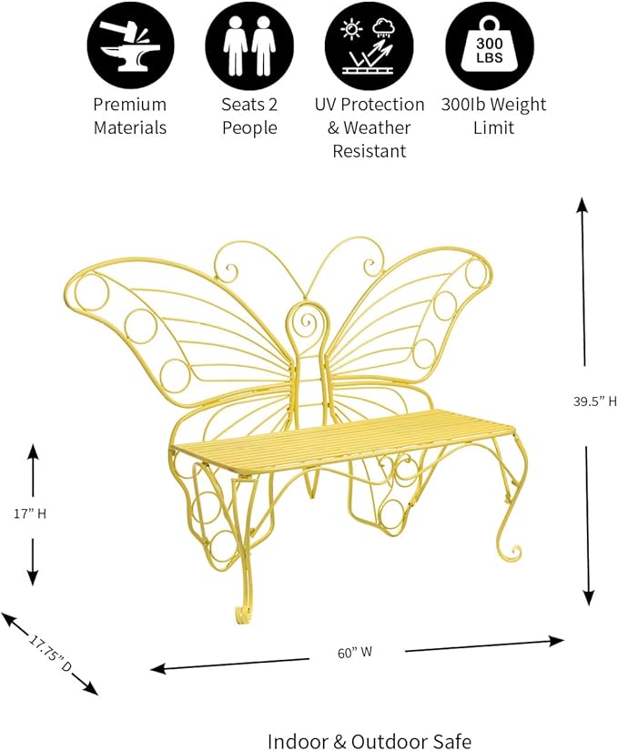 Plow & Hearth Weatherproof Butterfly Outdoor Bench | Holds Up to 300 lbs | Garden Patio Porch Park Deck | Metal | Yellow
