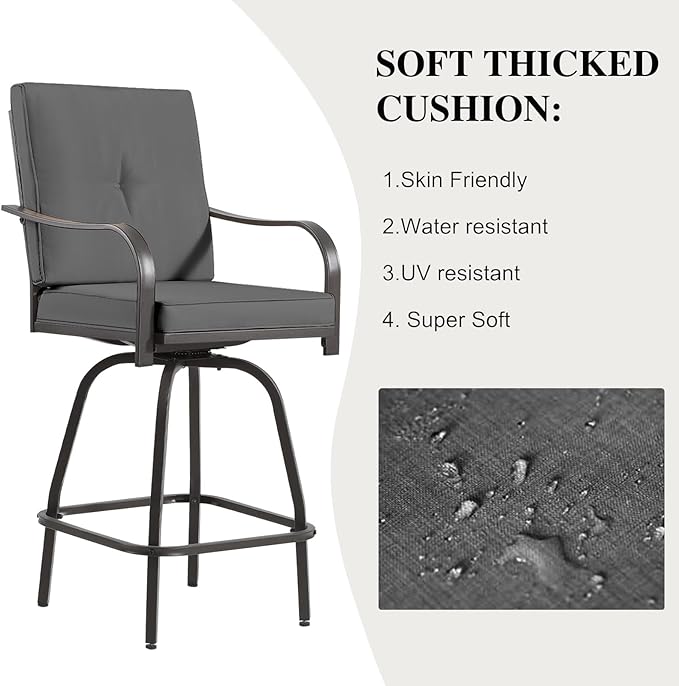 Patio Swivel Bar Stools, Outdoor Bar Height Swivel Chairs Set of 6 with Cushion & All Weather Steel Frame for Backyard, Lawn, Poolside and Balcony, Dark Grey