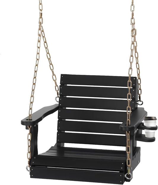 VINGLI Heavy Duty 880 LBS HDPE Porch Swing Outdoor with Rotatable Cup Holder, with Adjustable Chains, 1 Person Hanging Porch Swing Chair for Porch, Yard, Tree, Garden - Black