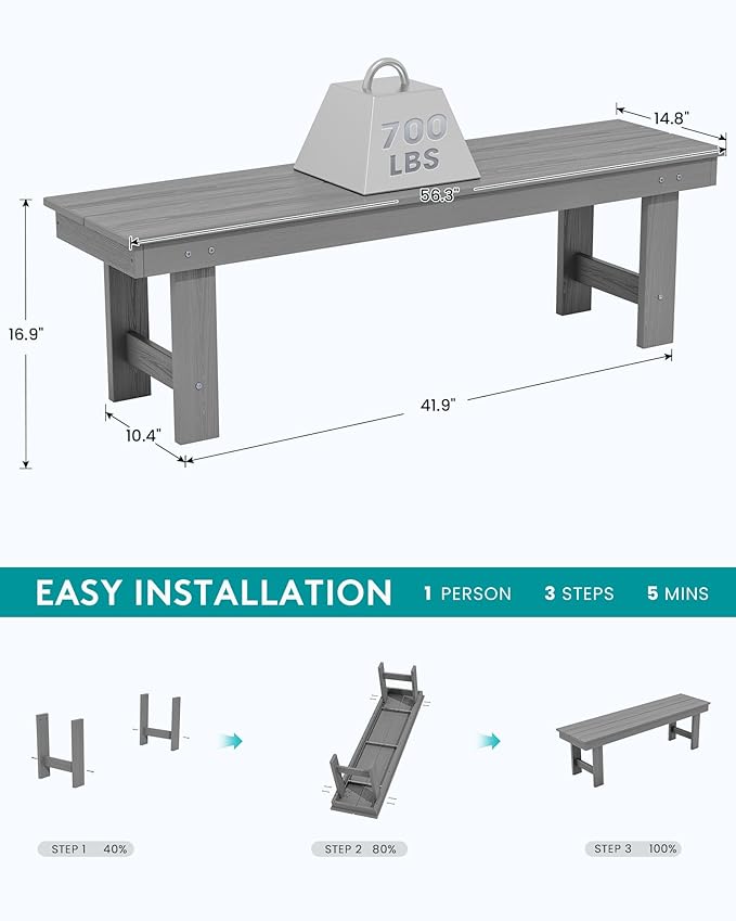 SERWALL 2-Person Outdoor Bench Backless, HDPE Outdoor Benches Weatherproof, 700 Lbs Weight Capacity, Poly Lumber Patio Furniture for Garden, Porch and Park, Grey, 2 Pack