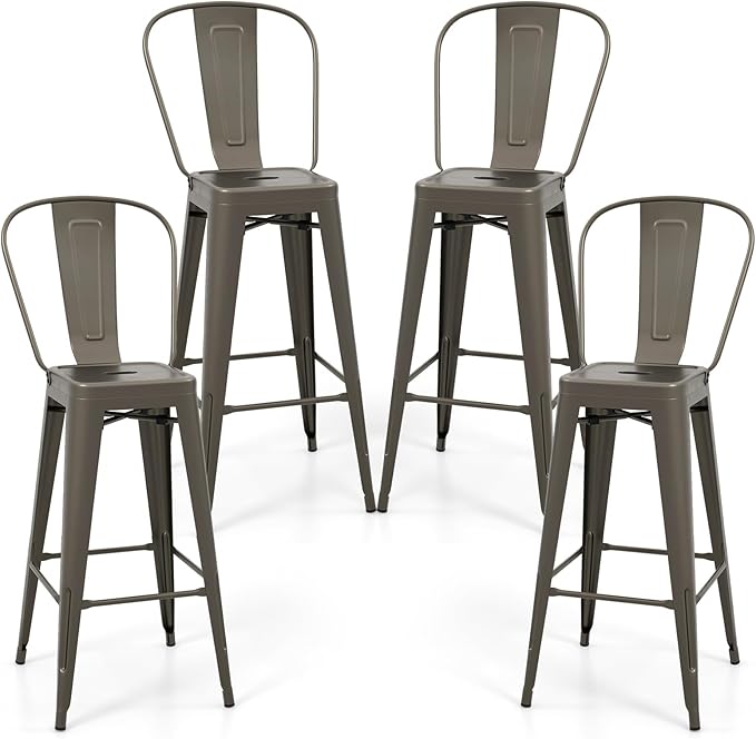 COSTWAY Metal Bar stools Set of 4, with Removable Back, 30'' Bar Height Stools with Rubber Feet, Stylish and Modern Chairs, for Kitchen, Dining Rooms, and Side Bar (Gun-Update, 30'')