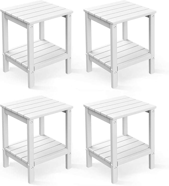 GREENVINES Adirondack-Outdoor-Side-Table | Set of 4 | 14 x 13 Inches | HDPE Plastic | All Weather | White | Outside End Tables | Storage Shelf | for Patio Porch Backyard Indoor