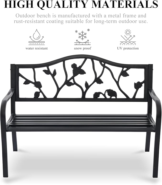 50" Outdoor Garden Bench, Cast Iron Metal Outdoor Benches Weatherproof with Artistic Strawberry Backrest, Black Patio Bench for Porch, Backyard, Lawn