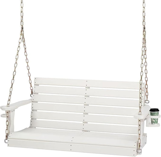 VINGLI Heavy Duty 1600 LBS HDPE Porch Swing Outdoor with Rotatable Cup Holder, 4 FT Patio Bench Swing with Adjustable Chains, 2 Person Hanging Porch Swing Chair for Porch, Yard, Tree, Garden - White