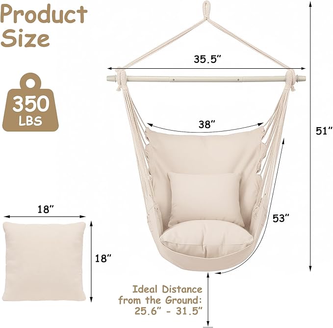 Athena Collection Hammock Chair Hanging Rope Swing Chair with 2 Cushions, Max 350 Lbs, Hanging Macrame Chair with Anti-Slip Grooves Spreader Bar and Pocket for Outdoor Indoor Patio Yard, Beige
