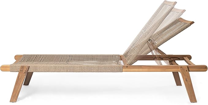 Christopher Knight Home Set of 2 Outdoor Patio Wood Adjustable Chaise Lounges with Rope Seating, Rope Chaise Lounge with Acacia Wood Frame, Chaise Lounge for Poolside, Balcony, Yard, Teak+Beige