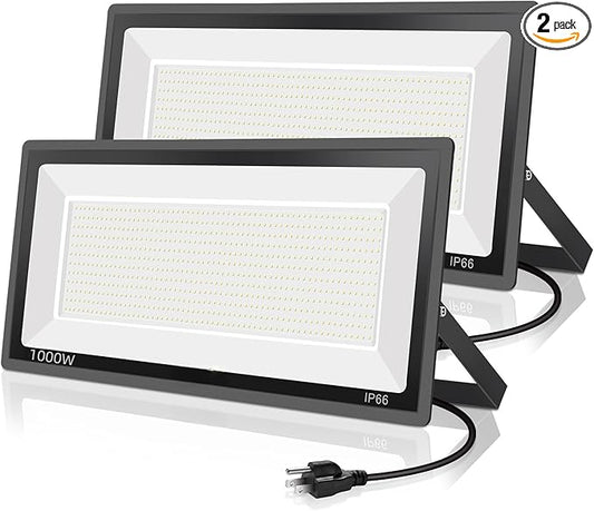 2 Pack 1000W LED Flood Light Outdoor,4250W Equivalent Super Bright 99500LM 5000K Daylight White FloodLight with Plug,IP66 Waterproof Commercial Lighting for Sports Fields,Counts,Arena,Stadium