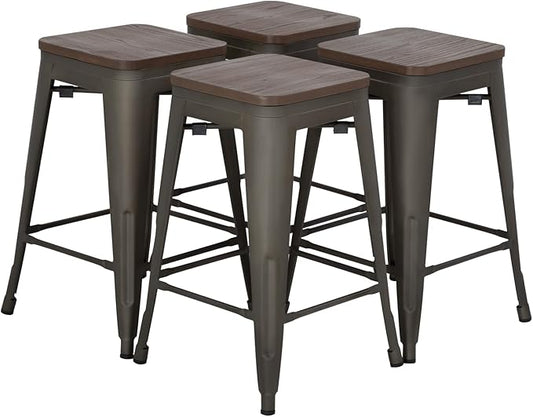 FDW Metal Bar Stools Set of 4 Counter Height Bar Stools 24 Inches Industrial Bar Chairs Patio Stool Stackable Backless Stool Indoor Outdoor Metal Kitchen Stools Bar Chairs (Bronze with Wood, 24")