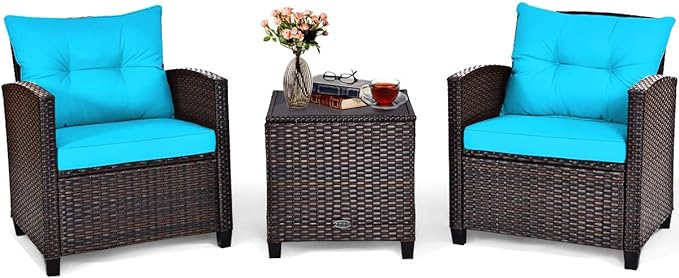 Tangkula 3 Pieces Patio Furniture Set, PE Rattan Wicker 3 Pcs Outdoor Sofa Set w/Washable Cushion and Tempered Glass Tabletop, Conversation Furniture for Garden Poolside Balcony (Turquoise)