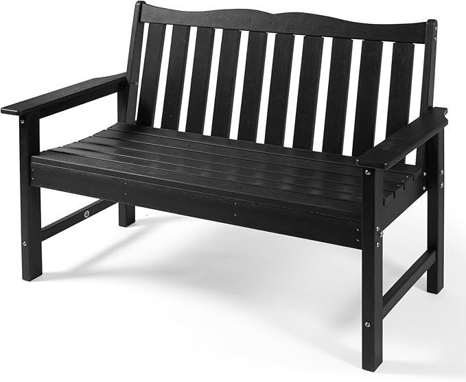 Backyard Expressions Poly Patio Bench (800 Lb Capacity) – Weatherproof Outdoor Bench, Low Maintenance, Heavy-Duty Recycled Material – Ideal for Porch, Patio & Park (Black Woodgrain Look)