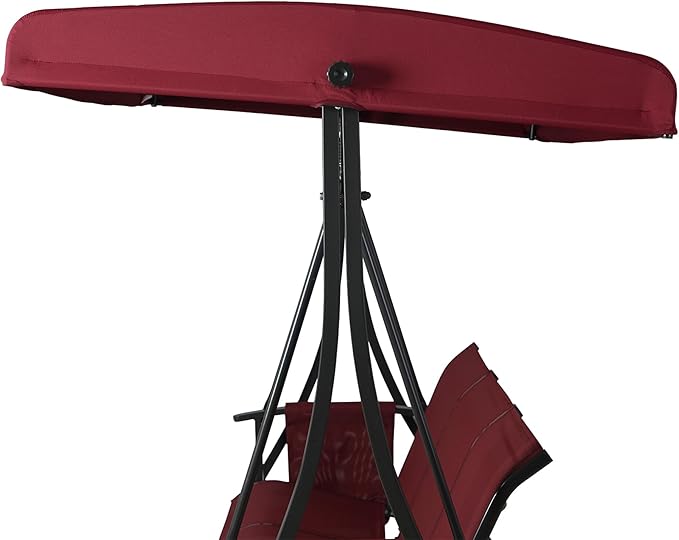 Kozyard Brenda 3-Seat Outdoor Porch Swing Glider, Patio Swing with Adjustable Canopy, Steel Frame, Breathable Textilene Seat & Back, Side Pockets (Burgundy)