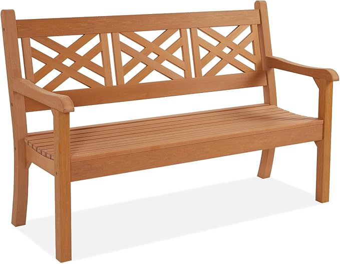 Psilvam 63''W All-Weather Poly Lumber Outdoor Bench – Teak Color, 3-Person Garden Bench with Decorative Backrest & Curved Armrests, Anti-Rot & Fade-Free Patio Bench for Porch, Backyard(Teak Color)