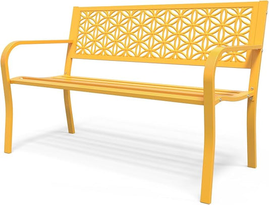 VINGLI 50" Outdoor Bench Metal with Floral Back, Garden Bench Front Porch Bench for Yard Patio Entryway Park Outside, 800lb Capacity - Yellow